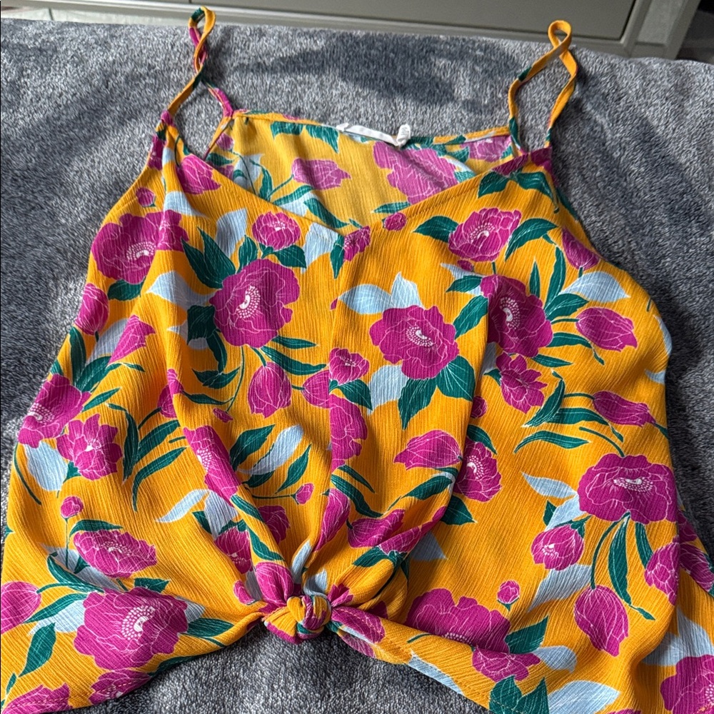 Lush Yellow Floral Tie-Front Cami with Pink & Green Print